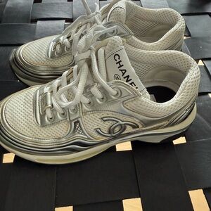 CHANEL White and Silver Athletic Shoes